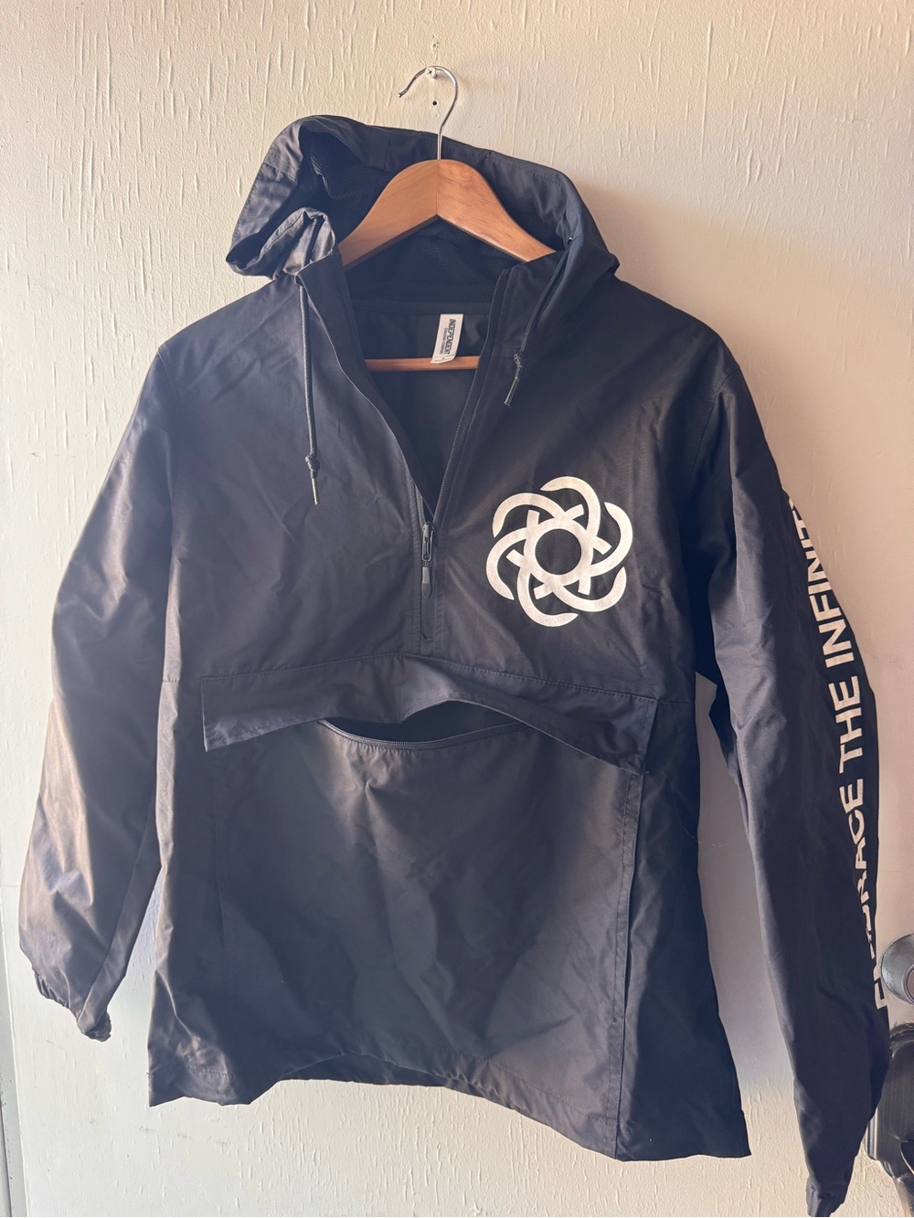 Black Hooded Pullover Utility Jacket with White Logo